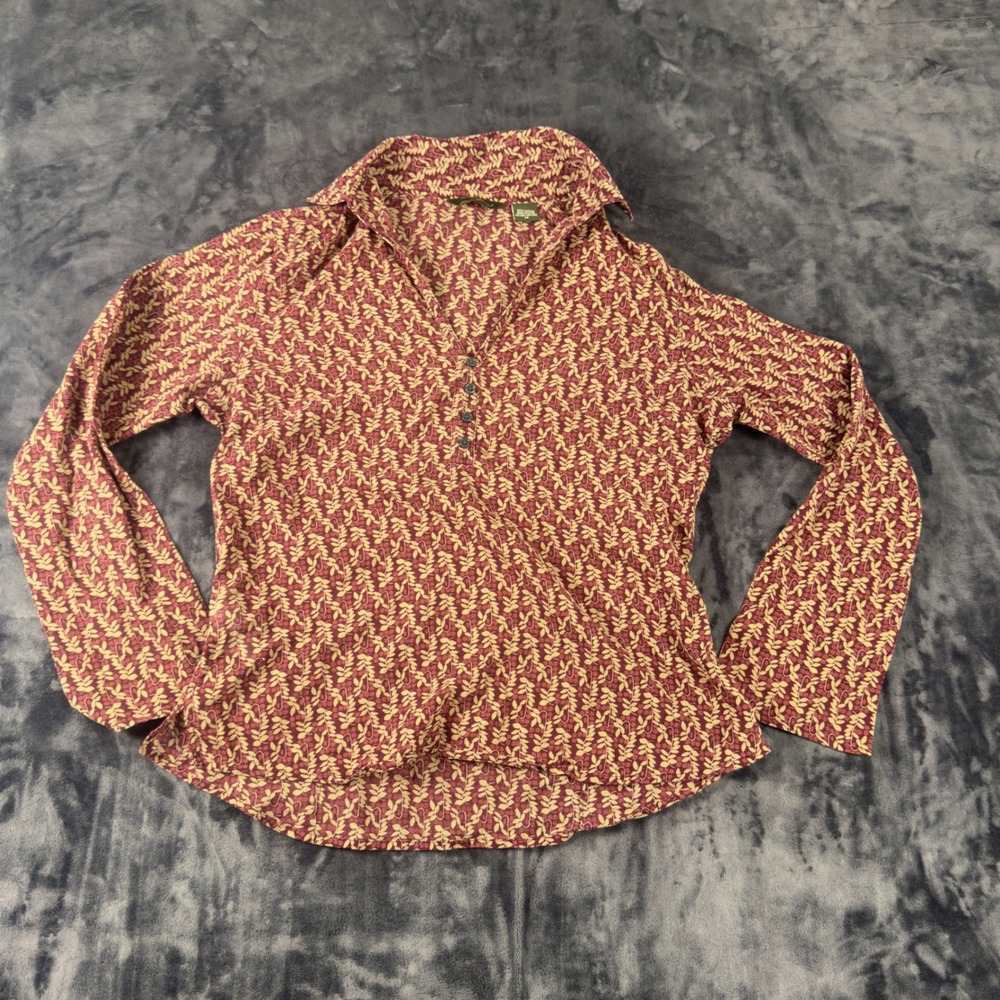 Eddie Bauer Henley Top Womens Medium Burgundy Leaf Print Long Sleeve Cotton